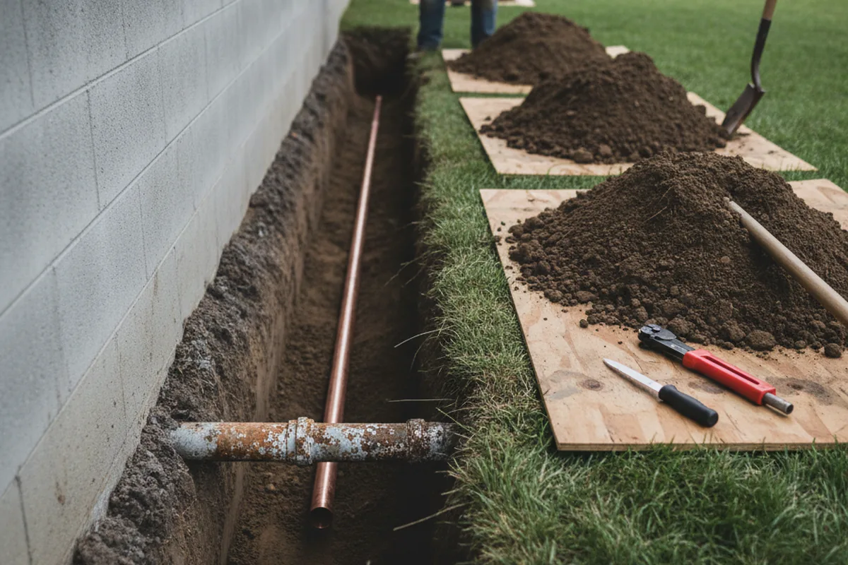 Excavated water line trench during Sewer Line Repair in Pricedale